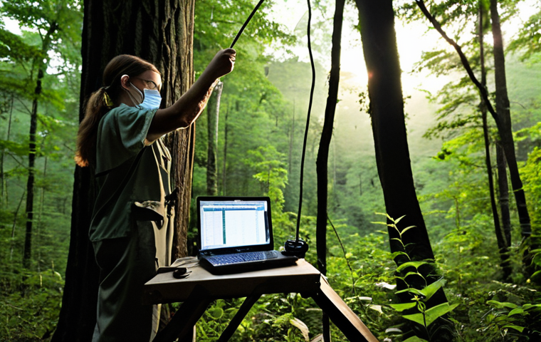 **Image Prompt:** A conservation biologist meticulously collecting data on bat populations in a lush, green Appalachian forest at dawn. Focus on the dedication and precision of scientific fieldwork. Include data loggers, GPS, and a sense of adventure. Natural lighting, realistic.