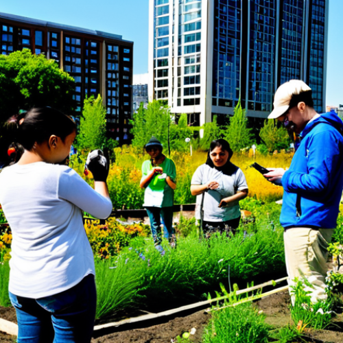 Home 7 A diverse group of adults and young people, fully clothed in modest, practical outdoor attire, are actively engaged in a thriving community garden within a vibrant urban park. One person is using a smartphone to photograph a native plant for a citizen science app, while others are carefully planting native wildflowers and shrubs. In the background, modern buildings feature subtle green roofs and vertical gardens, seamlessly blending nature with the cityscape. The scene is bright, sunny, and depicts a sense of community and connection to nature. Professional photography, high detail, perfect anatomy, correct proportions, natural pose, well-formed hands, proper finger count, natural body proportions, safe for work, appropriate content, fully clothed, family-friendly.