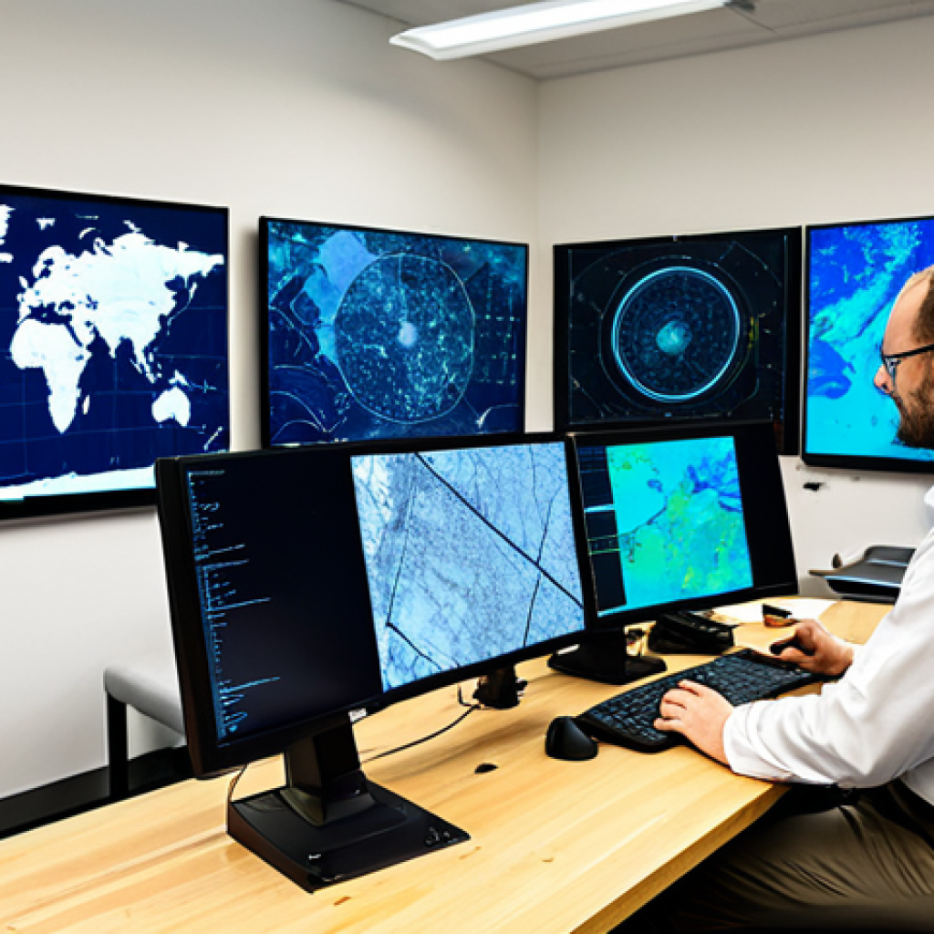 A diverse group of professional conservation data scientists and GIS analysts, fully clothed in modest, appropriate attire, working collaboratively in a modern, well-lit conservation research lab. Large screens display intricate satellite maps, real-time data visualizations, and detailed ecological models. Drones and advanced field equipment are visible in the background, symbolizing cutting-edge technology. The atmosphere is focused and innovative. This image should be safe for work, appropriate content, family-friendly, with perfect anatomy, correct proportions, natural poses, well-formed hands, proper finger count, and natural body proportions, captured with professional photography and high quality.