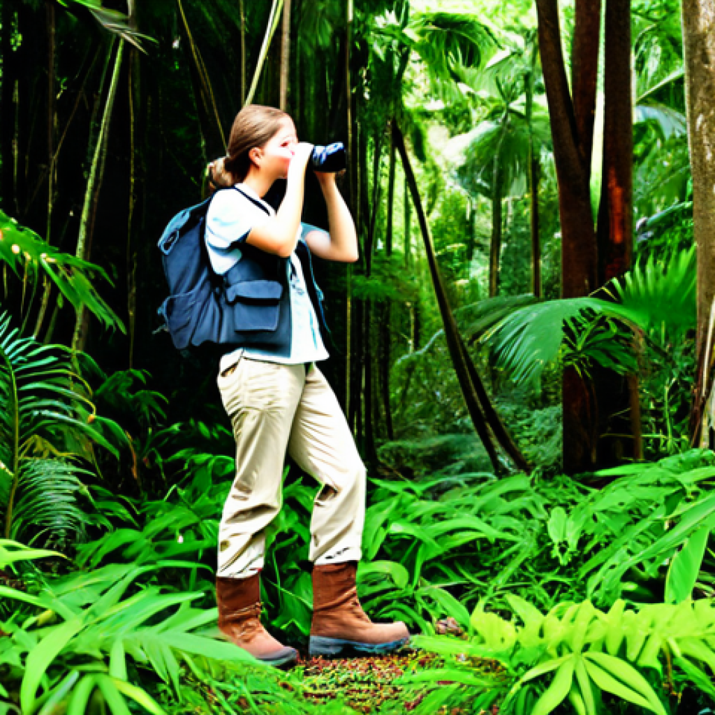 Field Research Scene**

"A young, enthusiastic conservation biologist, fully clothed in appropriate field attire (khaki pants, hiking boots, field vest), using binoculars to observe wildlife in a lush, green rainforest. She is surrounded by diverse plant life and towering trees. Perfect anatomy, natural proportions, well-formed hands. The scene is bathed in soft, natural light. Safe for work, appropriate content, professional, family-friendly, showing dedication to biodiversity conservation, modest clothing, high-quality photograph."

**
