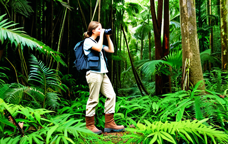 Field Research Scene**

"A young, enthusiastic conservation biologist, fully clothed in appropriate field attire (khaki pants, hiking boots, field vest), using binoculars to observe wildlife in a lush, green rainforest. She is surrounded by diverse plant life and towering trees. Perfect anatomy, natural proportions, well-formed hands. The scene is bathed in soft, natural light. Safe for work, appropriate content, professional, family-friendly, showing dedication to biodiversity conservation, modest clothing, high-quality photograph."

**