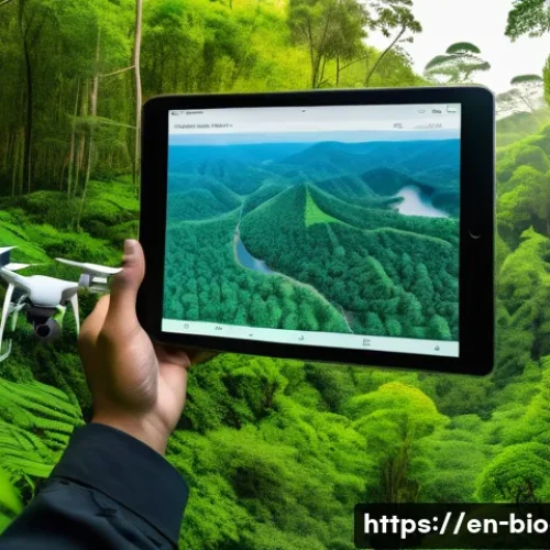생물다양성 보전 직무에 필요한 기술 - A detailed scene of a wildlife conservationist using a high-tech drone equipped with thermal and mul...