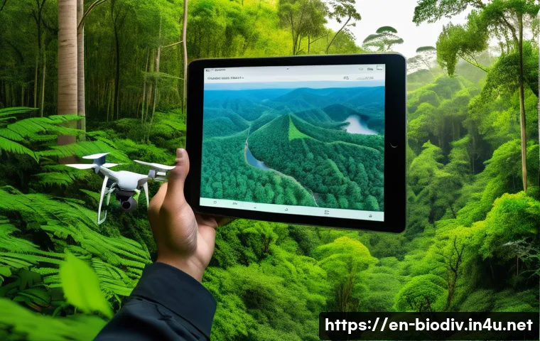 생물다양성 보전 직무에 필요한 기술 - A detailed scene of a wildlife conservationist using a high-tech drone equipped with thermal and mul...