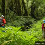 생물다양성 보전 전문가 경력 개발 - A detailed scene of a biodiversity conservation fieldwork setting during daylight, showing a diverse...