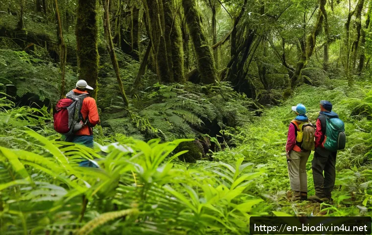 생물다양성 보전 전문가 경력 개발 - A detailed scene of a biodiversity conservation fieldwork setting during daylight, showing a diverse...