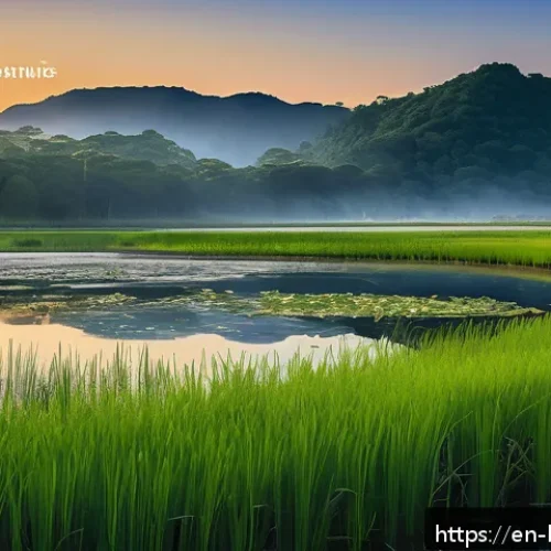 생물다양성 보전 업무실적 작성법 - A vibrant digital report cover image depicting a lush, restored wetland ecosystem at sunrise, with d...