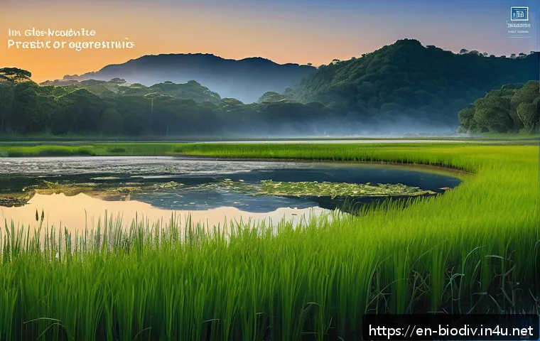 생물다양성 보전 업무실적 작성법 - A vibrant digital report cover image depicting a lush, restored wetland ecosystem at sunrise, with d...